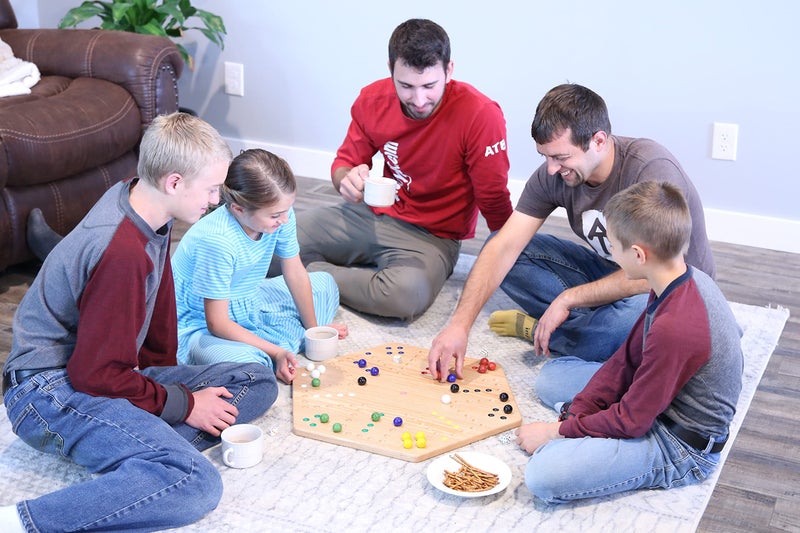 AmishToyBox.com Wahoo Marble Game Board Set - 20" Wide - Solid Oak Wood - Double-Sided - with Large 18mm Marbles and Dice Included - Image 2